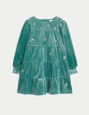 Velvet Floral Embroidered Tiered Dress (2-8 Yrs)
