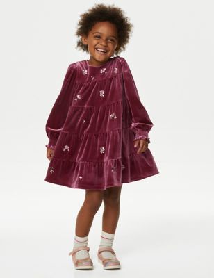 Velvet Floral Embroidered Tiered Dress (2-8 Yrs) | M&S CA