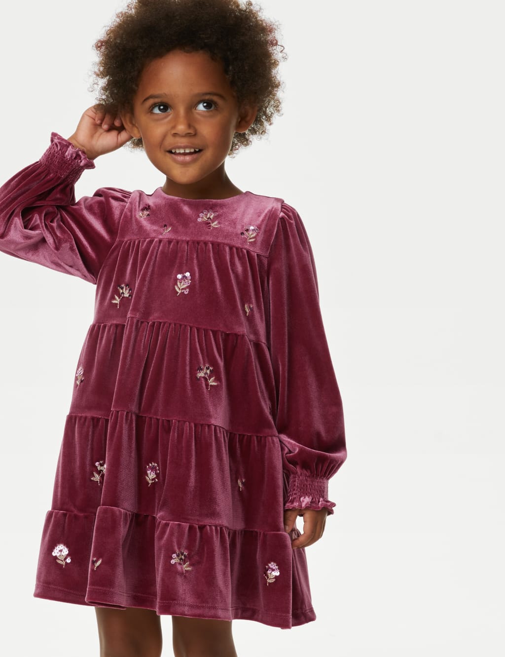 Velvet Floral Embroidered Tiered Dress (2-8 Yrs) image 3