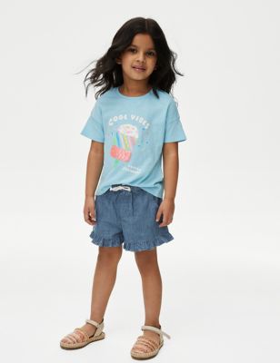 M&S Girl's Pure Cotton Frill Shorts (2-8 Yrs) - 3-4 Y - Chambray, Chambray