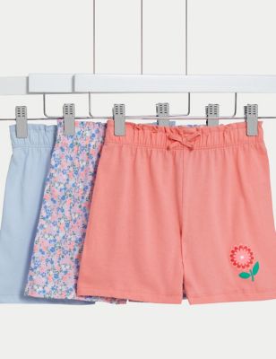 M&S Girl's 3pk Pure Cotton Floral & Plain Shorts (2-8 Yrs) - 2-3 Y - Multi, Multi
