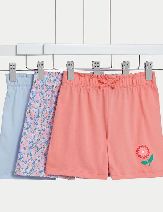 3pk Pure Cotton Floral & Plain Shorts (2-8 Yrs)