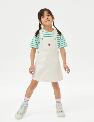 M&S Girls Pure Cotton Strawberry Pinafore Outfit (2-8 Yrs) - 5-6 Y - Ecru, Ecru