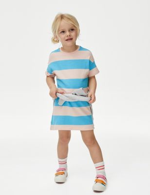 M&S Girls Pure Cotton Striped Dress (2-8 Yrs) - 2-3 Y - Blue Mix, Blue Mix,Red Mix