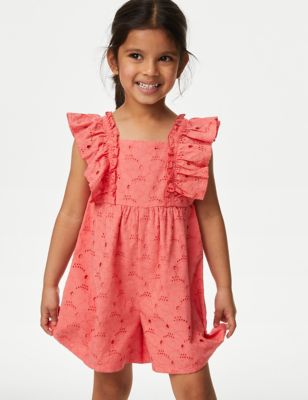 M&S Girl's Pure Cotton Broderie Playsuit (2-8 Yrs) - 3-4 Y - Bright Coral, Bright Coral,Fresh Blue
