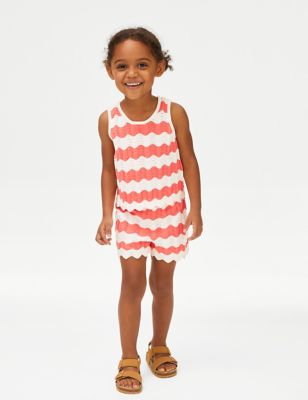 M&S Girls Knitted Striped Top & Bottom Outfit (2-8 Yrs) - 4-5 Y - Bright Coral, Bright Coral,Multi