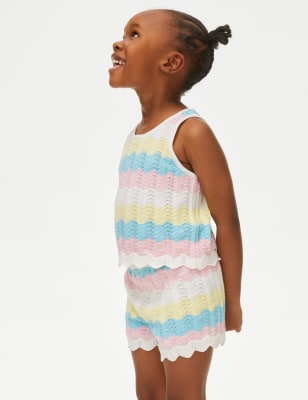 M&S Girl's Knitted Striped Top & Bottom Outfit (2-8 Yrs) - 6-7 Y - Multi, Multi,Bright Coral