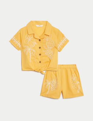 M&S Girls 2pc Cotton Rich Embroidered Outfit (2-8 Yrs) - 2-3 Y - Yellow, Yellow