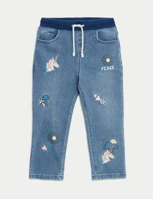 M&S Girls Regular Cotton Rich Unicorn Jeans (2-8 Yrs) - 2-3 Y - Denim, Denim