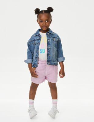 M&S Girl's Denim Shorts (2-8 Yrs) - 2-3 Y - Pink Sorbet, Pink Sorbet,Ecru,Light Apple