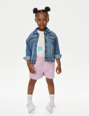 M&S Girls Denim Shorts (2-8 Yrs) - 7-8 Y - Pink Sorbet, Pink Sorbet,Light Apple,Ecru