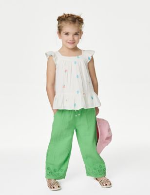 M&S Girl's nPure Cotton Straight Leg Trousers (2-8 Yrs) - 3-4 Y - Green, Green,Pink,Ivory