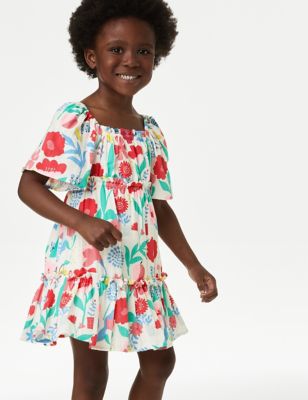 M&S Girl's Pure Cotton Flower Print Dress (2-8 Yrs) - 2-3 Y - Multi, Multi