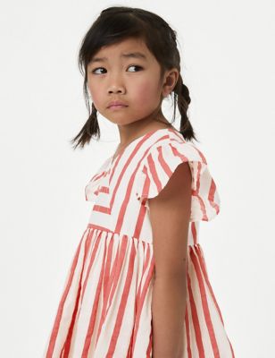 M&S Girls Pure Cotton Wrap Dress (2-8 Yrs) - 5-6 Y - Red Mix, Red Mix
