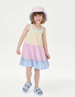 M&S Girl's Pure Cotton Tiered Dress (2-8 Yrs) - 2-3 Y - Multi, Multi,Green Mix,Pink Mix