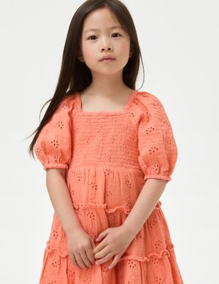 M&S Girls Pure Cotton Broderie Dress (2-8 Yrs) - 3-4 Y - Orange, Orange,Purple