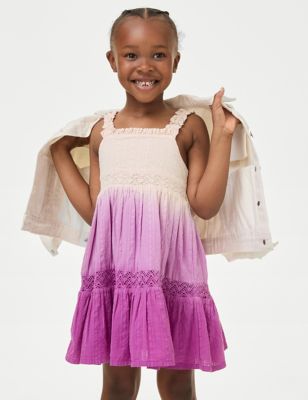 M&S Girl's Pure Cotton Ombre Tiered Dress (2-8 Yrs) - 2-3 Y - Purple Mix, Purple Mix,Apricot Mix