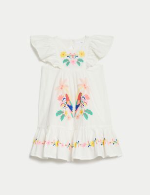 M&S Girls Pure Cotton Embroidered Dress (2-8 Yrs) - 2-3 Y - Ivory, Ivory,Yellow