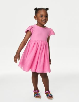 M&S Girls Cotton Rich Tulle Spotted Dress (2-8 Yrs) - 2-3 Y - Pink, Pink,White,Blue