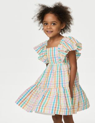 M&S Girl's Pure Cotton Checked Tiered Dress (2-8 Yrs) - 3-4 Y - Multi, Multi