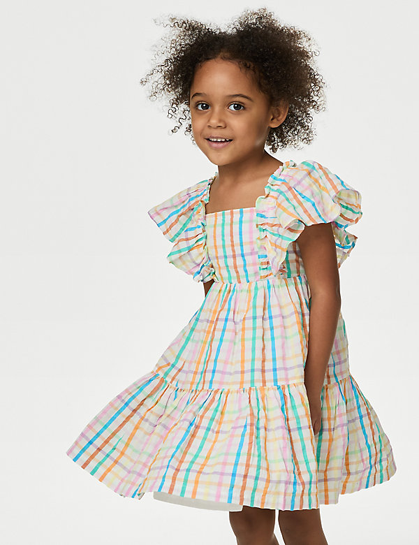 Pure Cotton Checked Tiered Dress (2-8 Yrs) - AT
