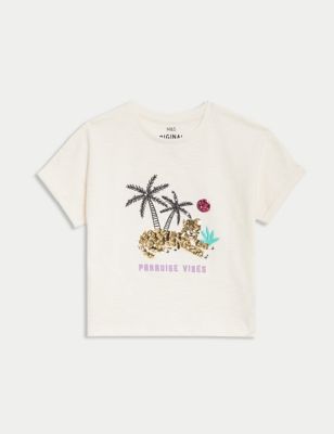 M&S Girls Pure Cotton Embellished T-Shirt (2-8 Yrs) - 3-4 Y - Ecru Mix, Ecru Mix