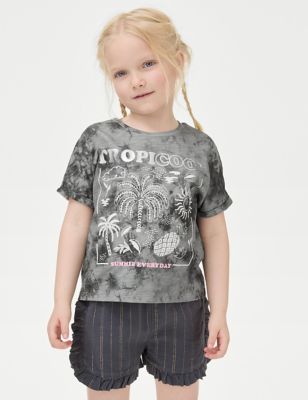M&S Girl's Pure Cotton Embellished T-Shirt (2-8 Yrs) - 3-4 Y - Charcoal, Charcoal,Purple,Ecru Mix