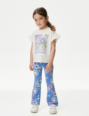 M&S Girl's Cotton Rich Ribbed Floral Flared Trousers (2-8 Yrs) - 3-4 Y - Blue Mix, Blue Mix