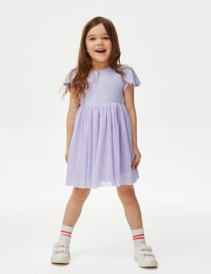 M&S Girls Cotton Rich Tulle Dress (2-8 Yrs) - 3-4 Y - Lilac, Lilac,Pale Yellow,Blue Mix