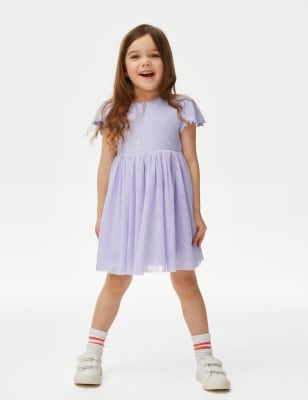 M&S Girl's Cotton Rich Tulle Dress (2-8 Yrs) - 3-4 Y - Lilac, Lilac,Pale Yellow,Blue Mix