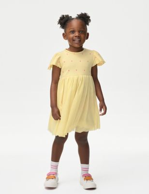 M&S Girls Cotton Rich Tulle Dress (2-8 Yrs) - 4-5 Y - Pale Yellow, Pale Yellow,Lilac,Blue Mix