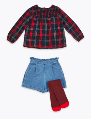 Ensemble 3&nbsp;pi&egrave;ces avec Top &agrave; carreaux, short et collants