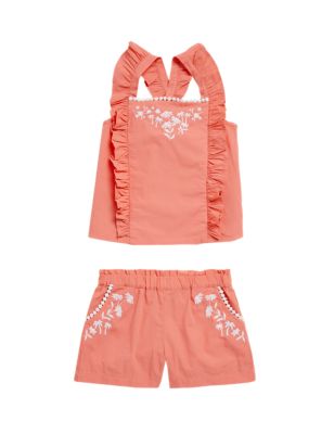 Girls M&S Collection Pure Cotton Embroidered Top & Bottom Outfit (2-7 Yrs) - Coral