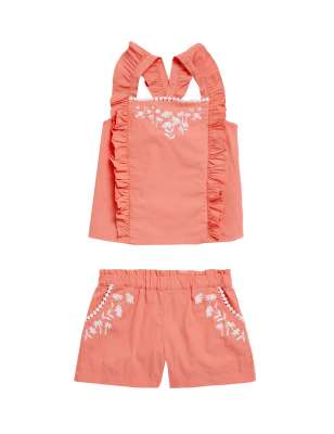 

M&S Collection Conjunto 100% algodón con parte de arriba y de abajo con bordado (2-7 años) - Coral, Coral