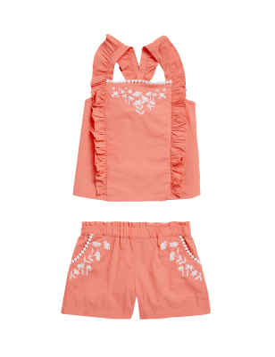 Girls M&S Collection Pure Cotton Embroidered Top & Bottom Outfit (2-7 Yrs) - Coral