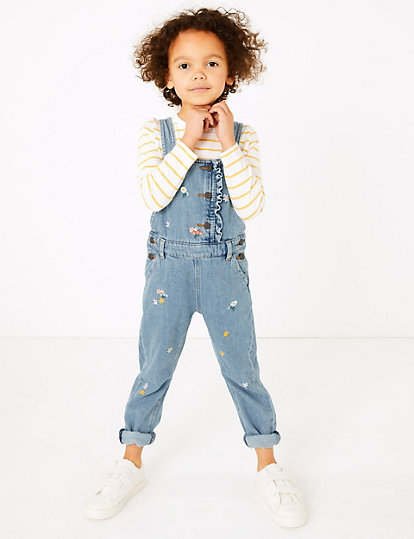 Denim Embroidered Flower Dungarees (2-7 Yrs)