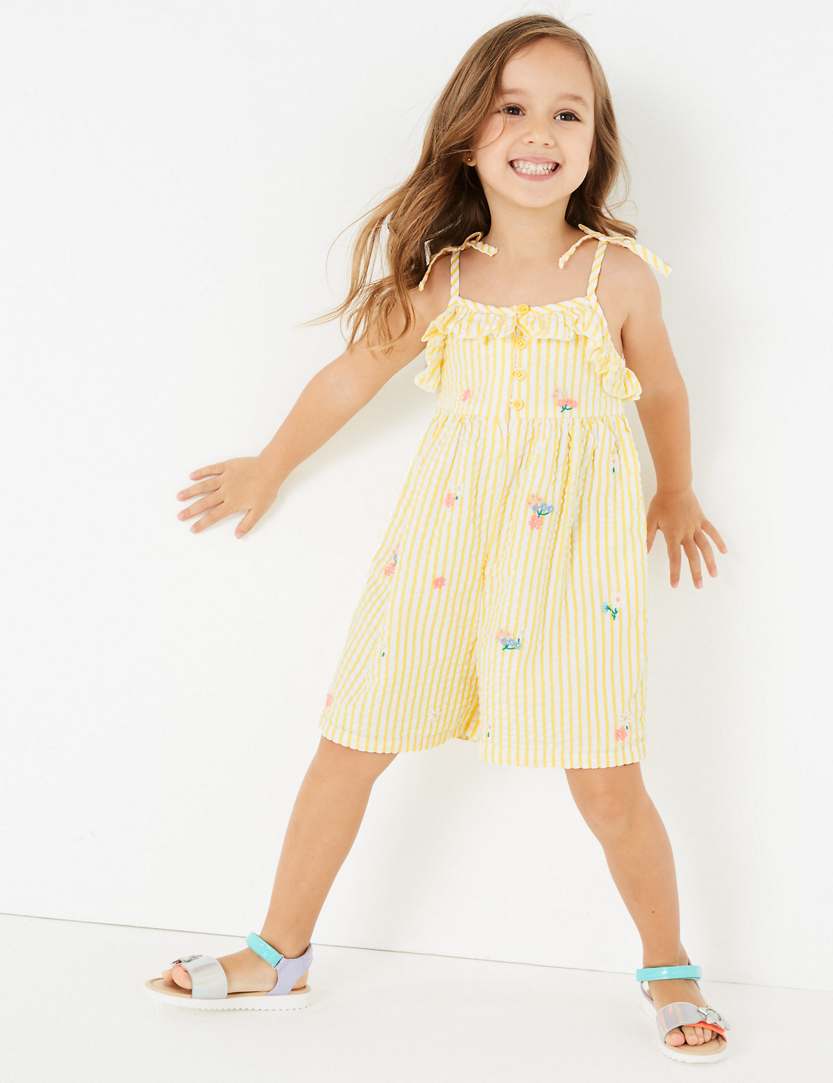 Cotton Embroidered Striped Playsuit (2-7 Yrs)