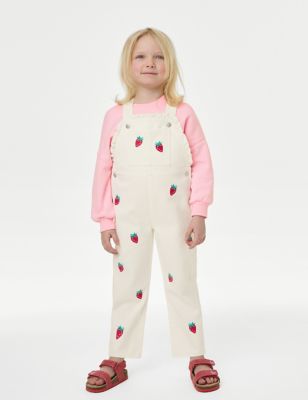 M&S Girl's 2pc Cotton Rich Sweater & Strawberry Dungarees (2-8 Yrs) - 4-5 Y - Ecru, Ecru