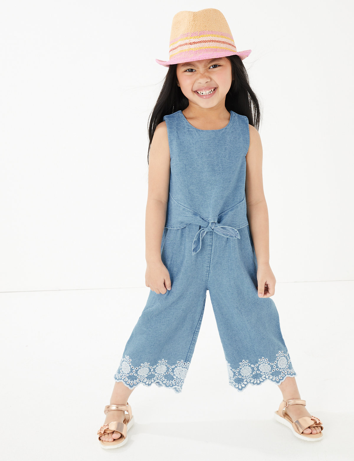 Pure Cotton Chambray Broderie Jumpsuit (2-7 Yrs)