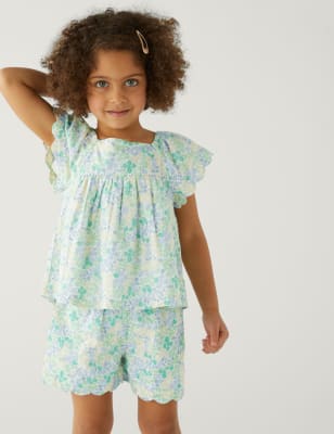 in het geheim pastel Wrok 2-delige puur katoenen set met broek en gebloemde top (2-8 jaar) | M&S BE