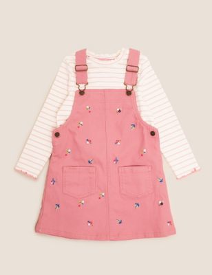 2pc Cotton Floral Embroidered Pinafore (2-7 Yrs) | M&S