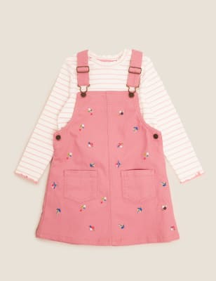 2pc Cotton Floral Embroidered Pinafore (2-7 Yrs) | M&S