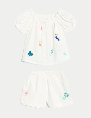 

M&S Collection Outfit aus reiner Baumwolle mit Stickerei, Oberteil und Hose (2-8 J.) - Ivory Mix, Ivory Mix