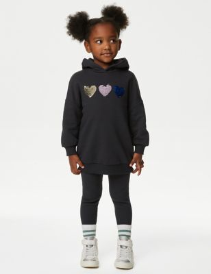 M&S Girls Cotton Rich Sequin Heart Top & Bottom Outfit (2-8 Yrs) - 3-4 Y - Carbon, Carbon