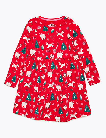 Pure Cotton Christmas Print Dress (2-7 Yrs)