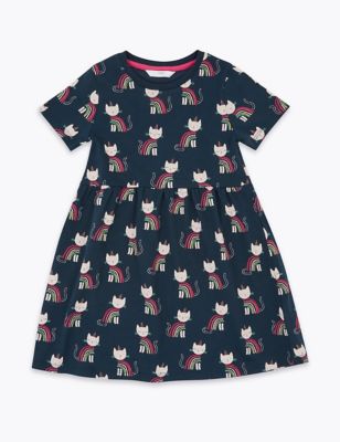 Rainbow Unicorn Cat Print Dress (2-7 Yrs) 