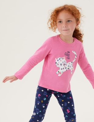 

M&S Collection Oberteil aus reiner Baumwolle mit Leopardenmuster und Katzenmotiv (2-7 Jahre) - Pink, Pink