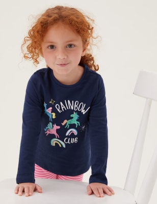 

M&S Collection Oberteil aus reiner Baumwolle mit Einhorn und Regenbogen (2-7 Jahre) - Navy, Navy