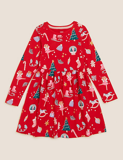 Pure Cotton Christmas Print Dress (2-7 Yrs)
