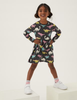 

M&S Collection Vestido 100% algodón con diseño de dinosaurios (2-7 años) - Charcoal, Charcoal